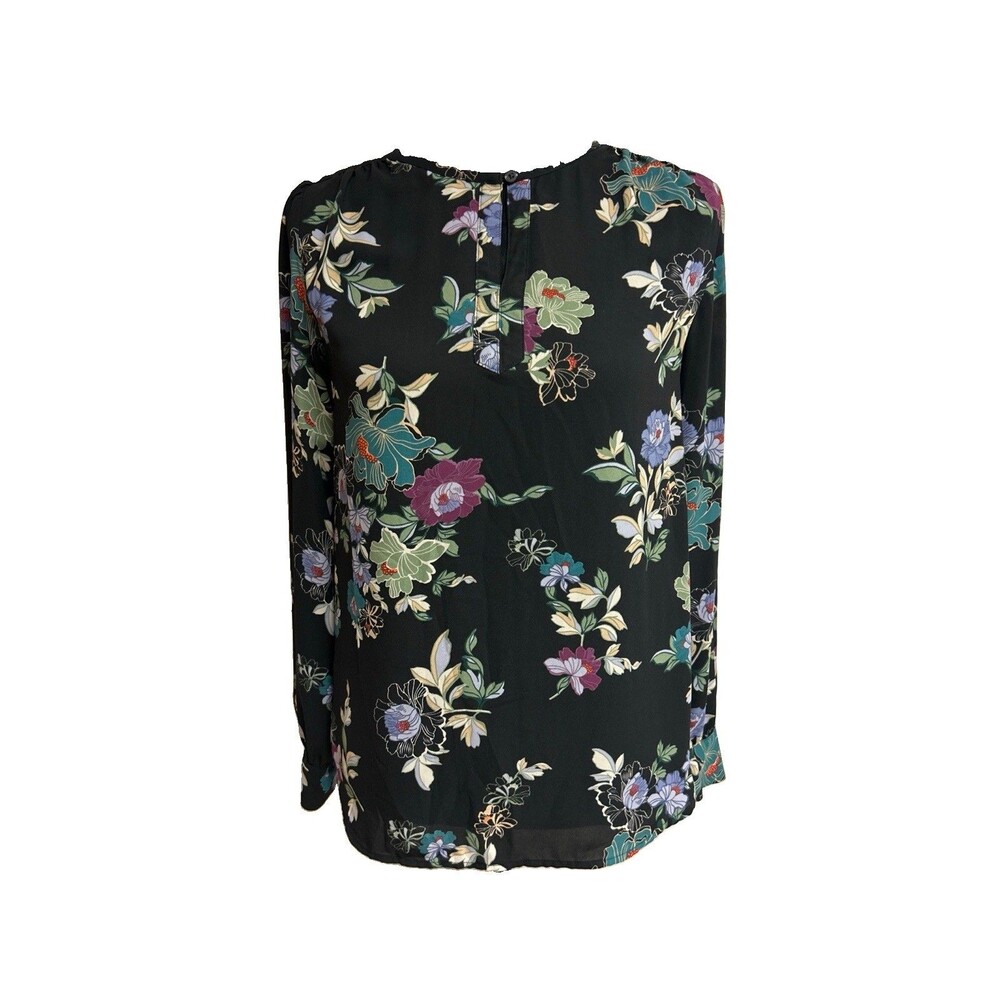 LOFT Womens Sz XS Career Top Black Floral Long Sleeve Key Hole Neck Front